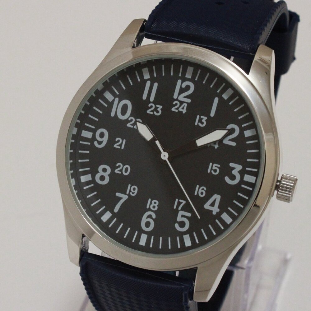 Men's Quartz Field Watch Silver Tone Case Blue Tropical Rubber Strap 42mm - Picture 7 of 12